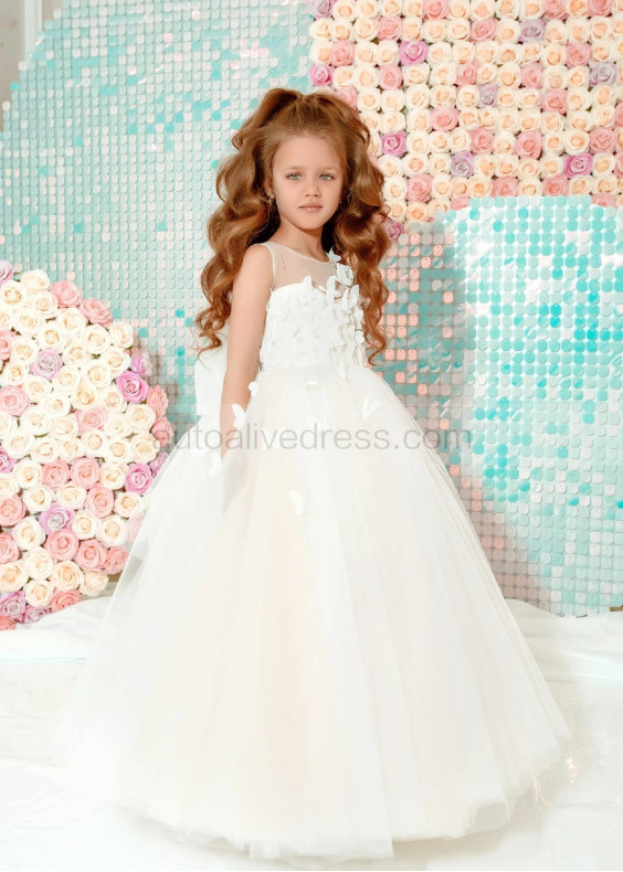 Beaded Ivory Tulle Butterfly Flower Girl Dress